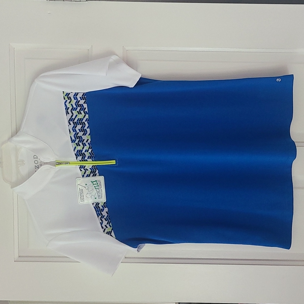 IZOD Golf Polo w/Swingflex Tech  Sz L. Blue/White/Lime  1/4 Zip UPF-15. NWT